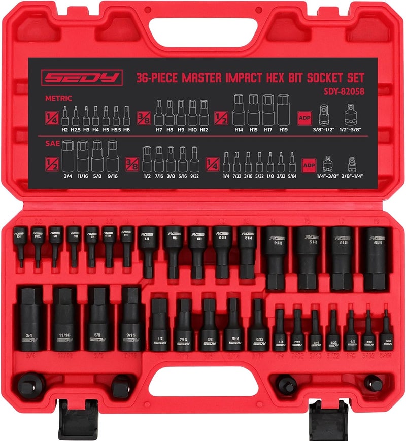 SEDY Hex Bit Impact Socket Set: 36-Piece with 4 Adapters, 1/4" 3/8" 1/2" Drive Master Allen Impact Socket Set, SAE and Metric, H5-H19 & 3/4"-5/64", Heavy Duty Storage Case, Automotive Mechanic - Image 1